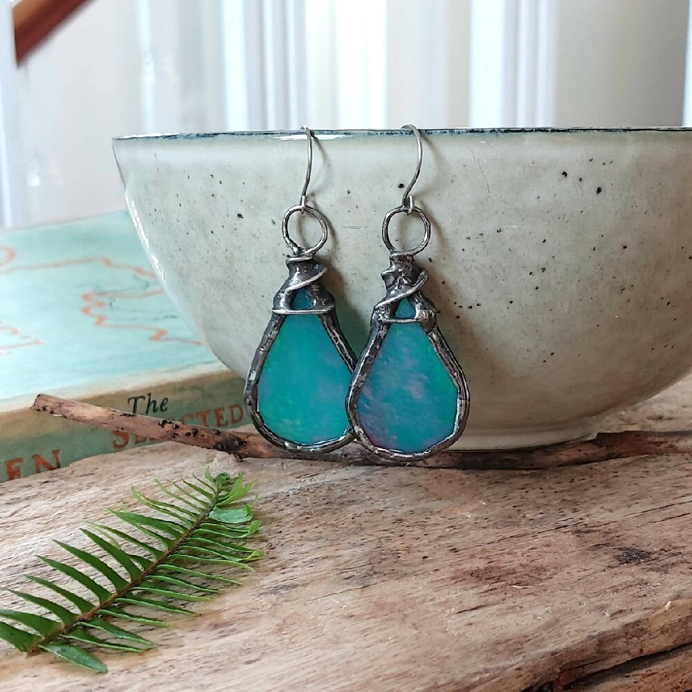 Turquoise stained glass soldered artisan earrings, raindrop earrings