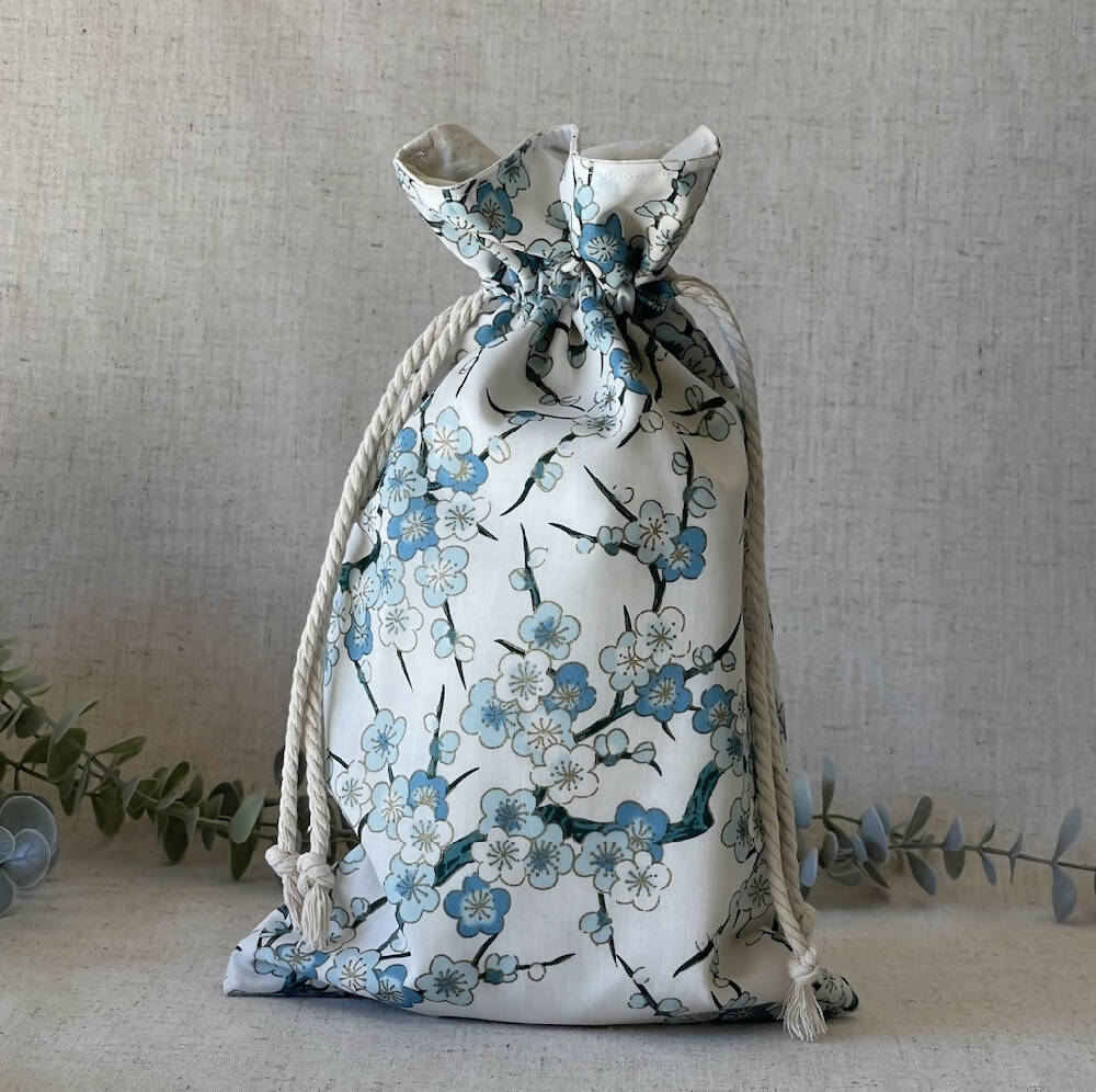 Reusable Fabric Gift Bag - Blue Cherry Blossom
