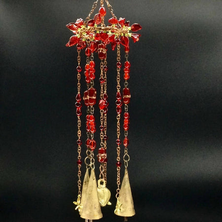 Wind-chime/Brass-Recycled-Metal-Bells/Dragonflies/Red-Glass-Beads