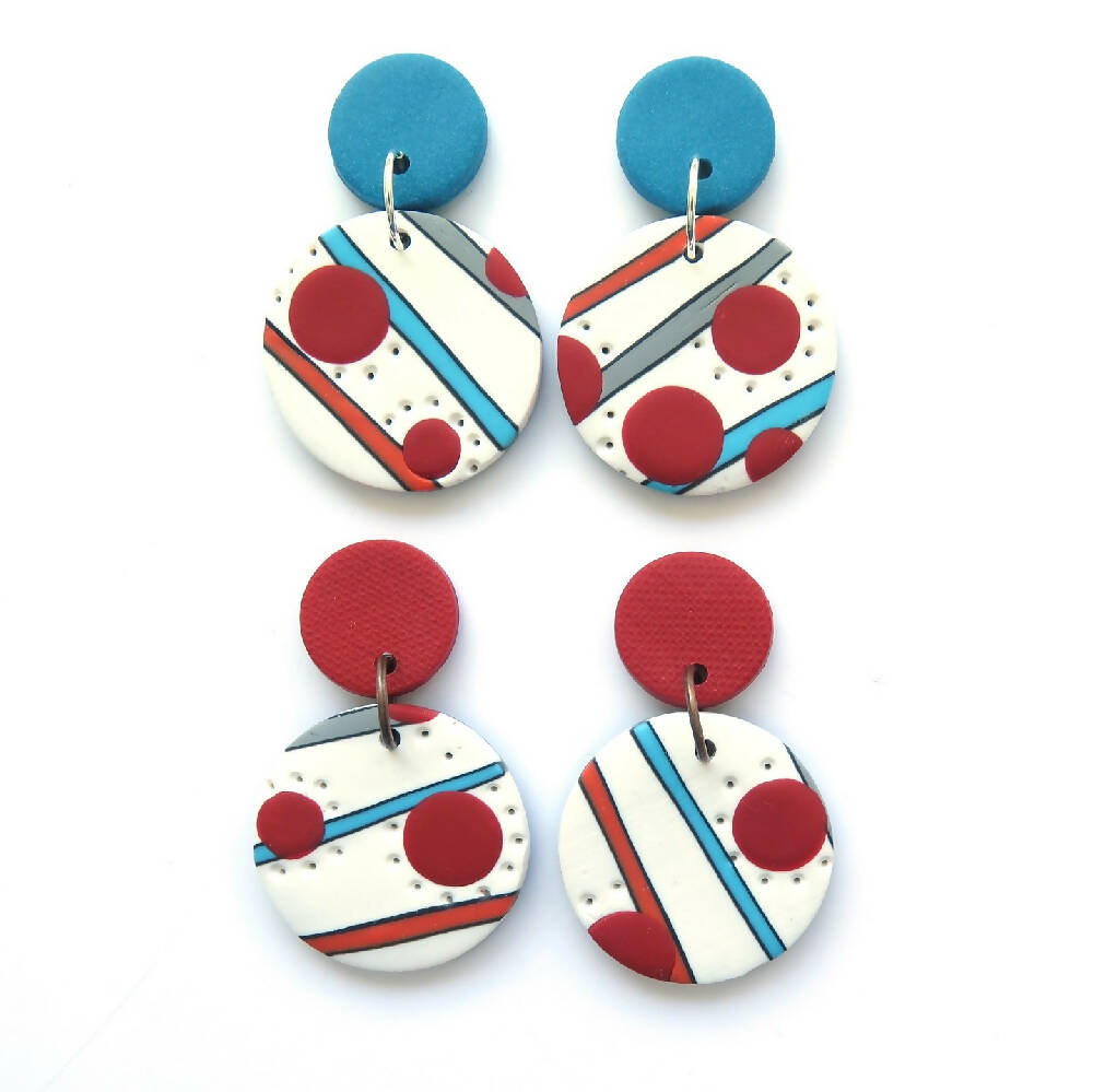 Dotty Blue and red Polymer Clay drop earrings