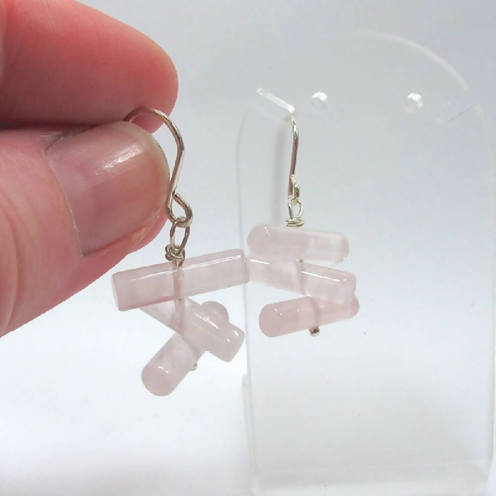Rose quartz cylinder and sterling silver earrings