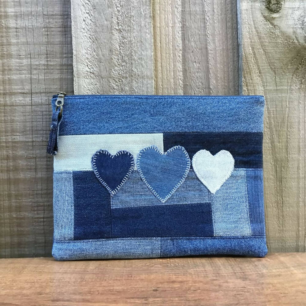 Upcycled Denim Pencil Case – 3 Hearts