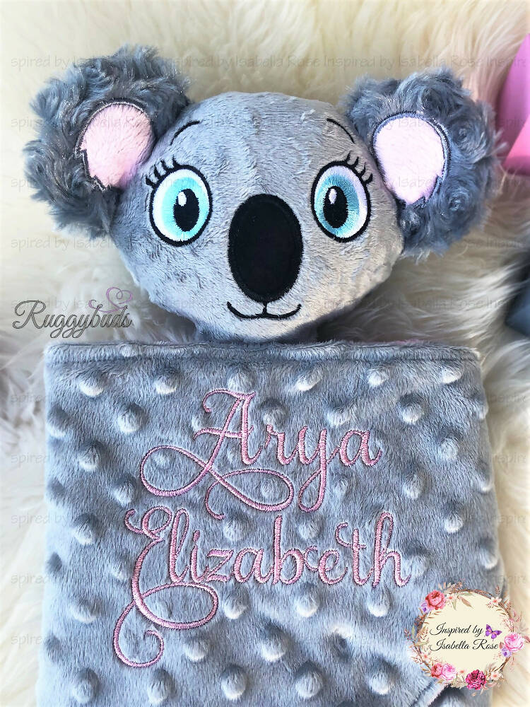 Baby comforter, Embroidered name, Koala themed Ruggybud, Made to order