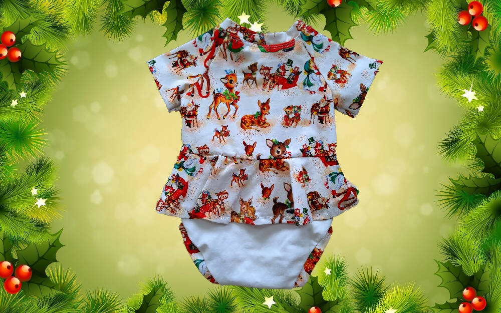 Xmas, Baby Stretch, Vintage Reindeer Panel Peplum Onesie, Size 000, 0