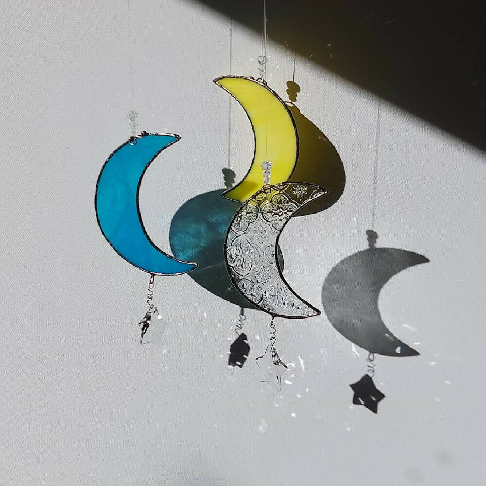 Crescent moon suncatcher, stained glass moon with crystals