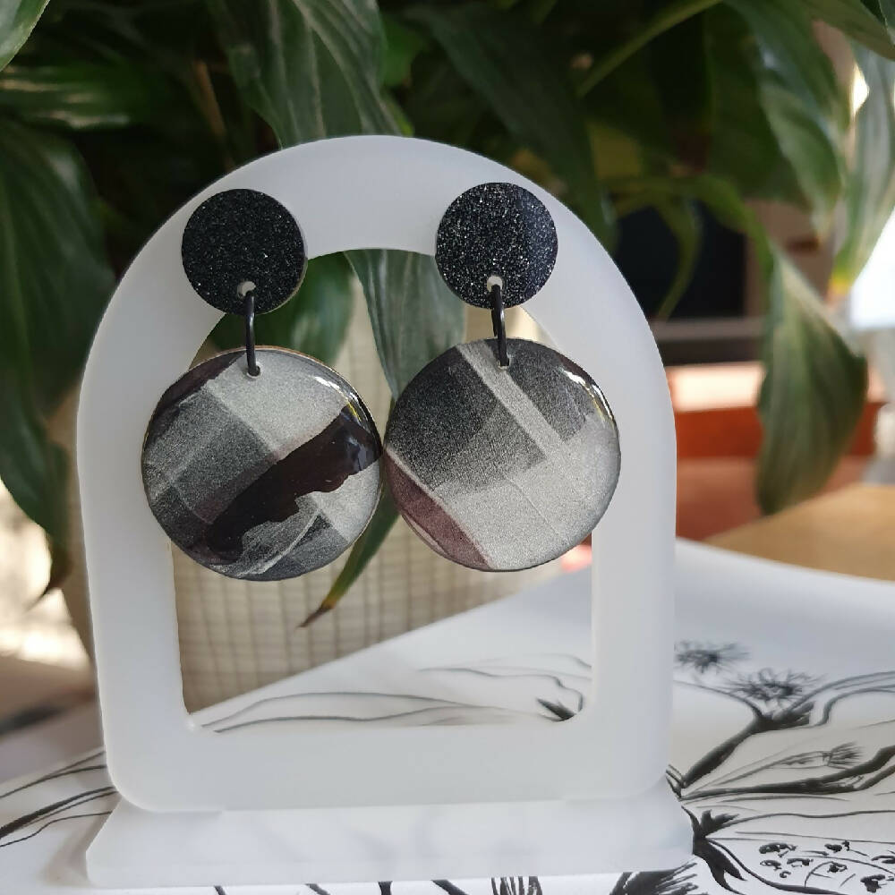 The Onyx Collection | Resin large dangle earrings | Silver on Black