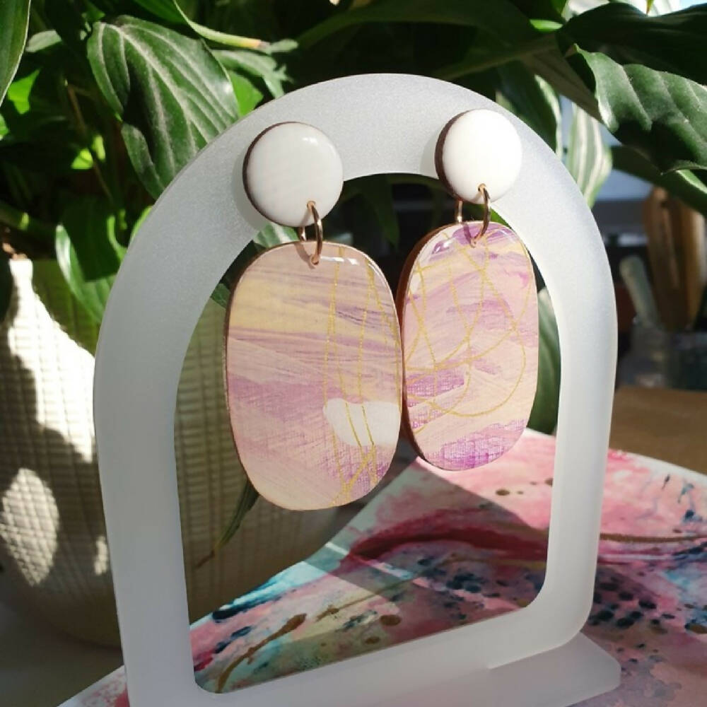Art Play Collection | Statement resin dangles earrings | Voilet, white, cream & gold