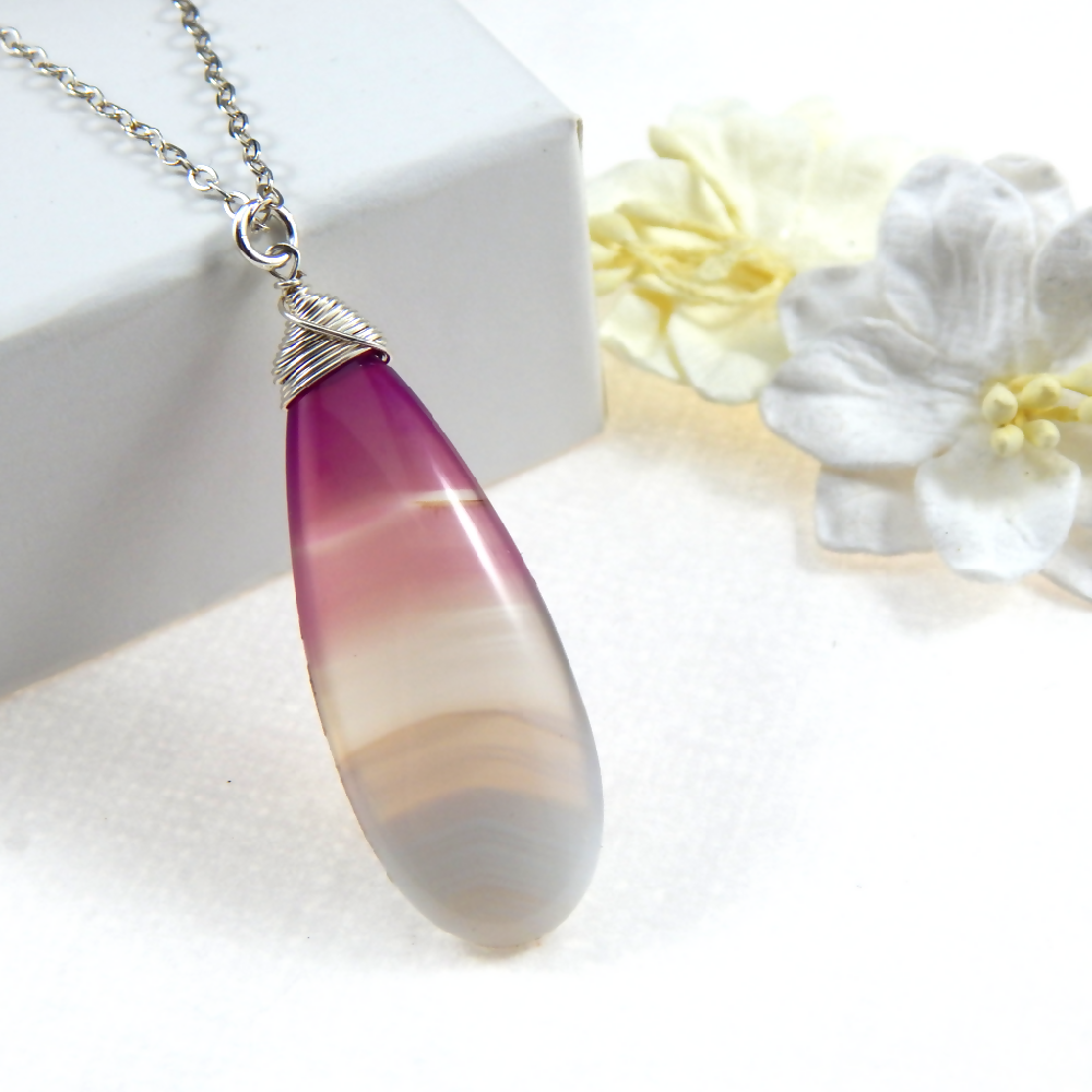 Purple Banded Chalcedony Pendant Necklace Sterling Silver