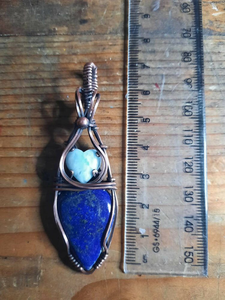 Lapis Lazuli and Larimar heart pendant in copper with chain