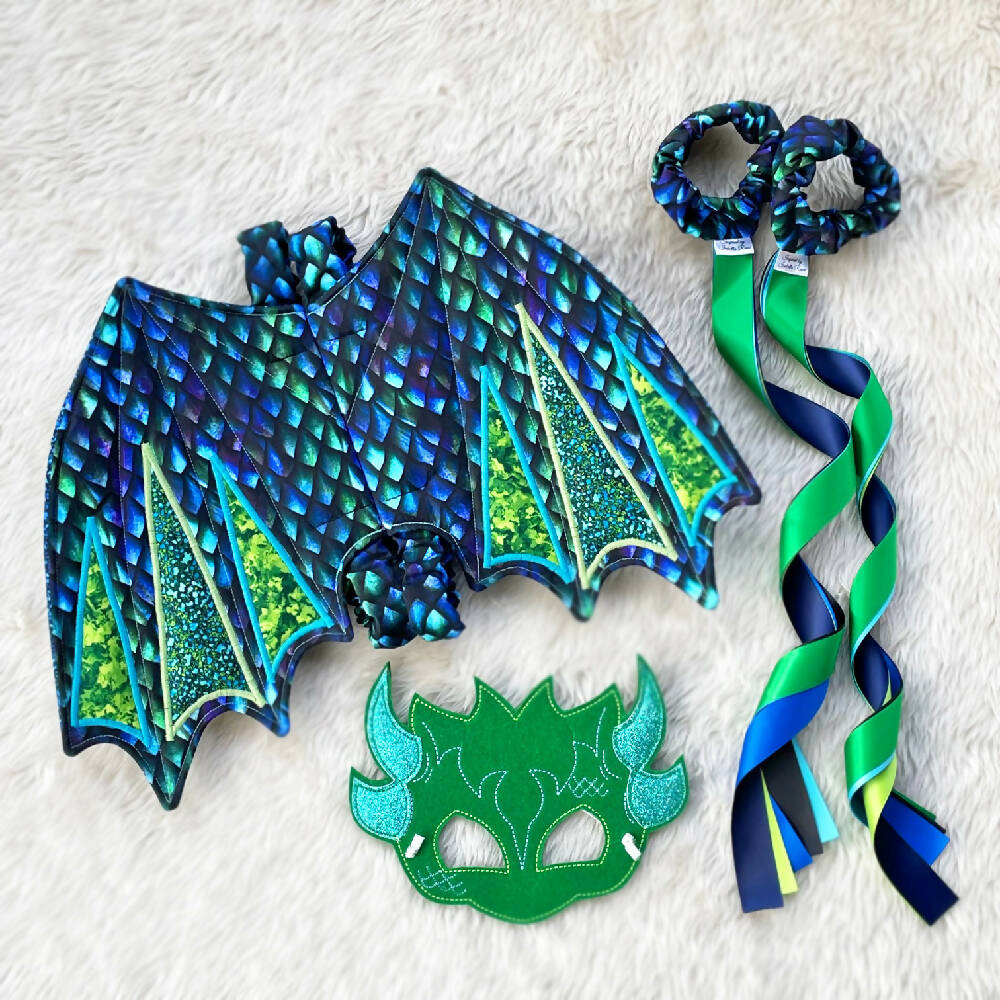 Appliquedwings-fabricwings-dragon-medievelparty-dressingup-custommade-embroideredmask-dancingribbons-themedparty-partywear