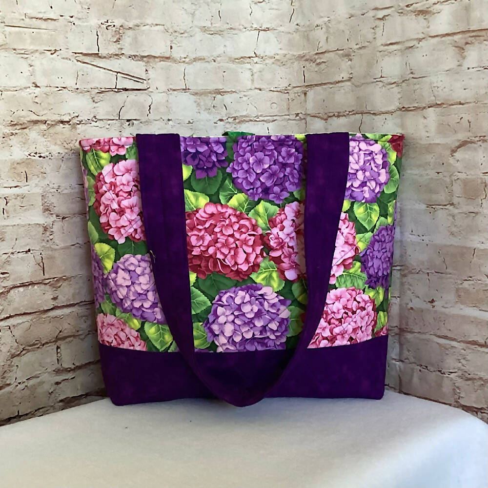 Hydrangeas flowers handbag, tote, shoulder bag for shopping, travel or craft.