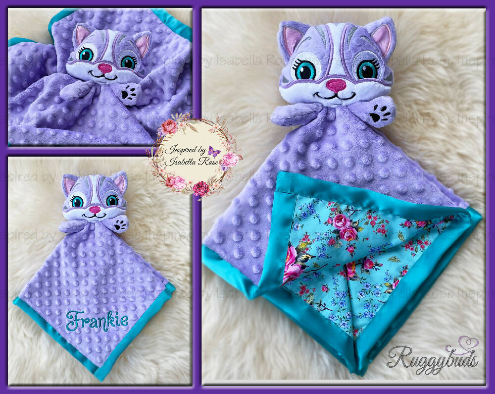 Baby comforter, Embroidered name, Cat themed Ruggybud, Made to order