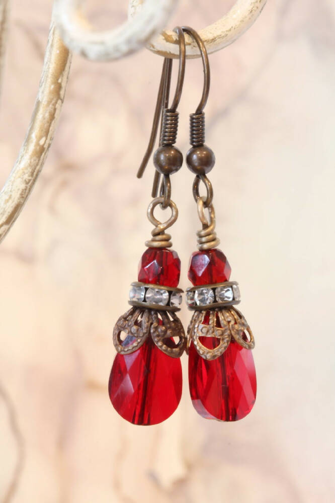 Swarovski Crystal and Brass Earrings Siam Ruby Red