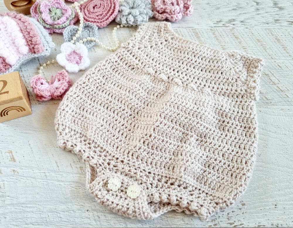 Baby Romper Newborn Pale Beige Hand Crocheted