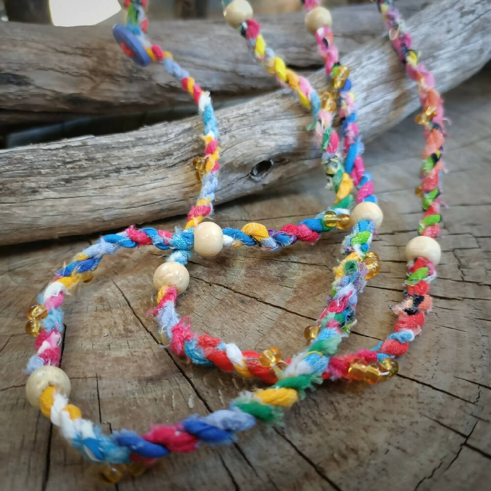 multicolour fabric necklace handmade close up -