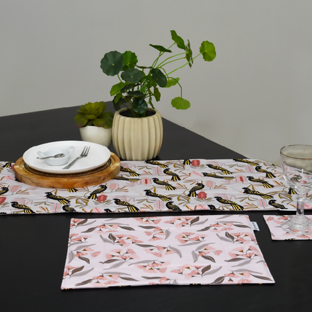 SALE table runner handmade Australia reversible -black cockatoo & pink flowers