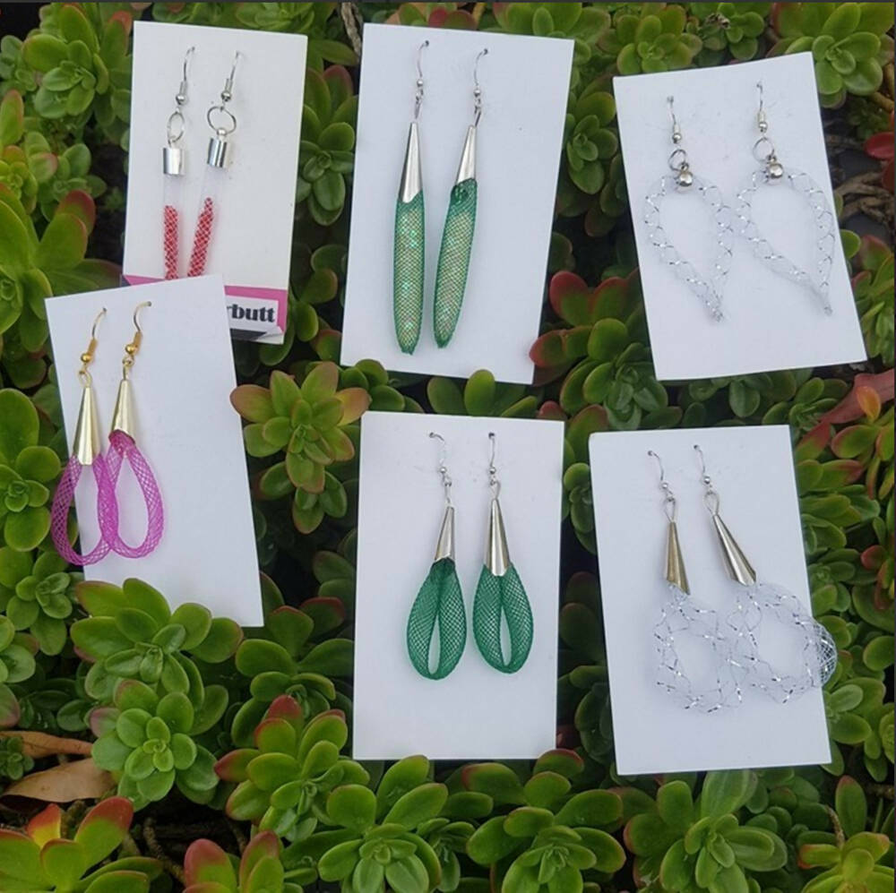 Dangle earrings. Green nylon mesh filled earrings, extra long.