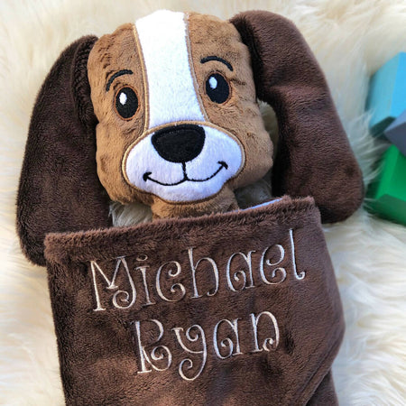 Baby comforter, Embroidered name, Puppy themed Ruggybud, Made to order