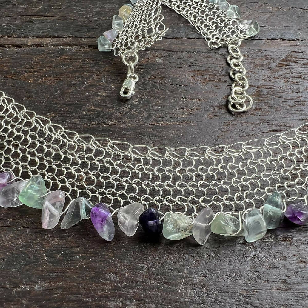 Knitted sterling silver & fluorite necklace detail
