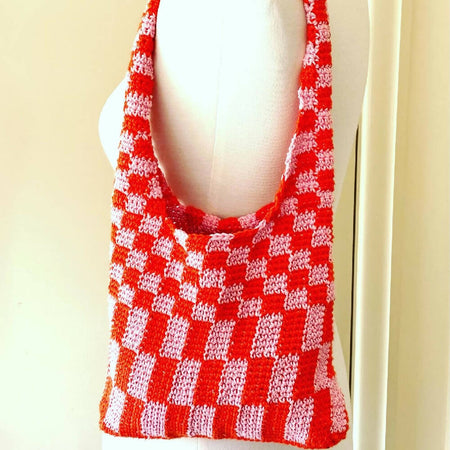 Cute checkered design hand made crochet bag