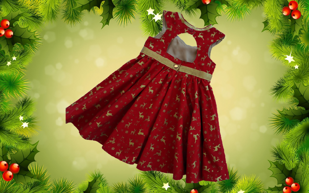Christmas Dress, Gold Reindeer on Red