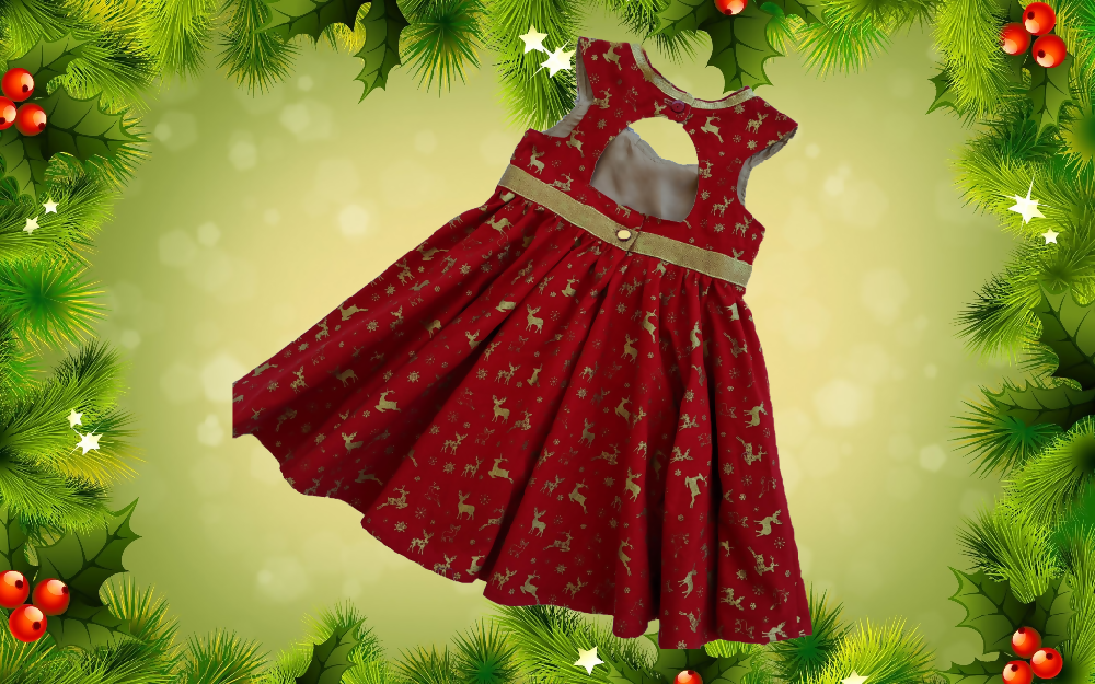 Xmas Dress, Gold Reindeer on Red, Sizes 1, 4, 5, 6.