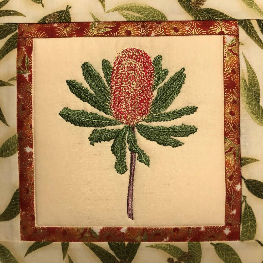 handmade Australian native quilted - banksia (red)