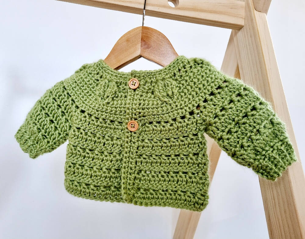 Baby Cardigan Newborn Leaf Green Handmade Crocheted Jacket 0-2 months