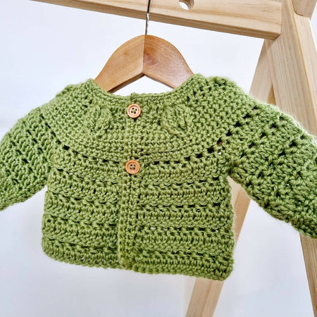 Baby Cardigan Newborn Leaf Green Handmade Crocheted Jacket 0-2 months