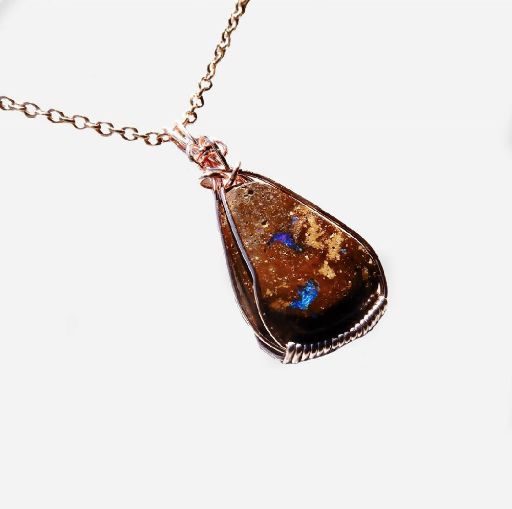 Boulder Opal Rose gold pendant, wire wrapped unisex necklace