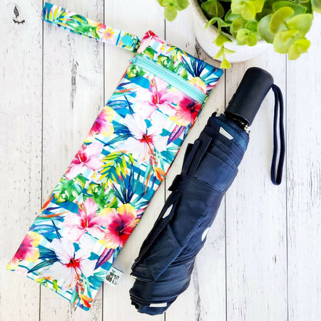 Umbrella Bag, Waterproof Reusable Zip Bag, Bright Tropical, Aqua Zip
