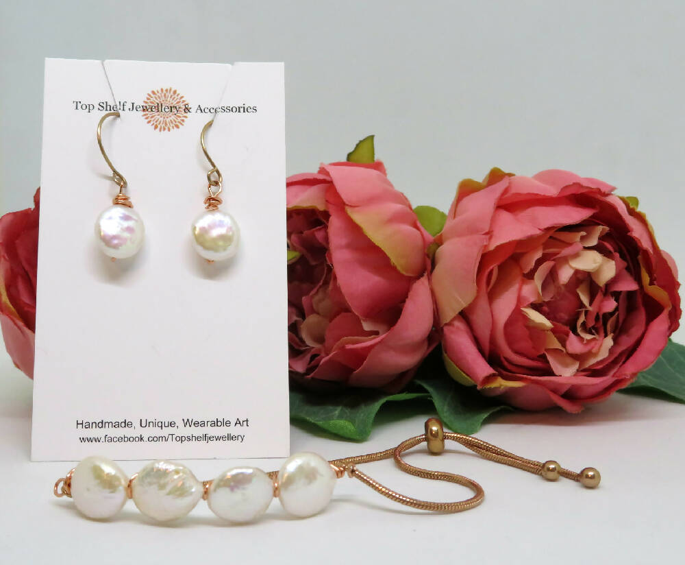White Button Pearl Wire Wrapped Slider Bracelet and Earring Set