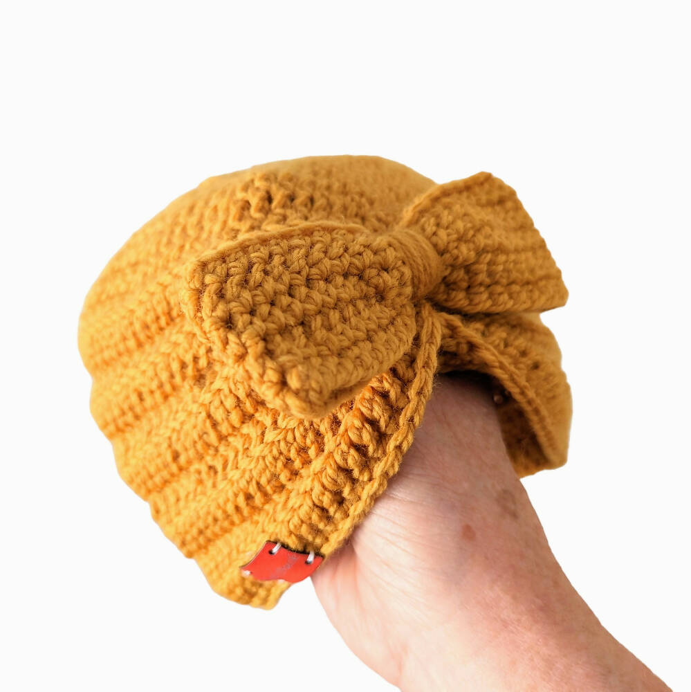 Baby wool turban with bow - deep yellow