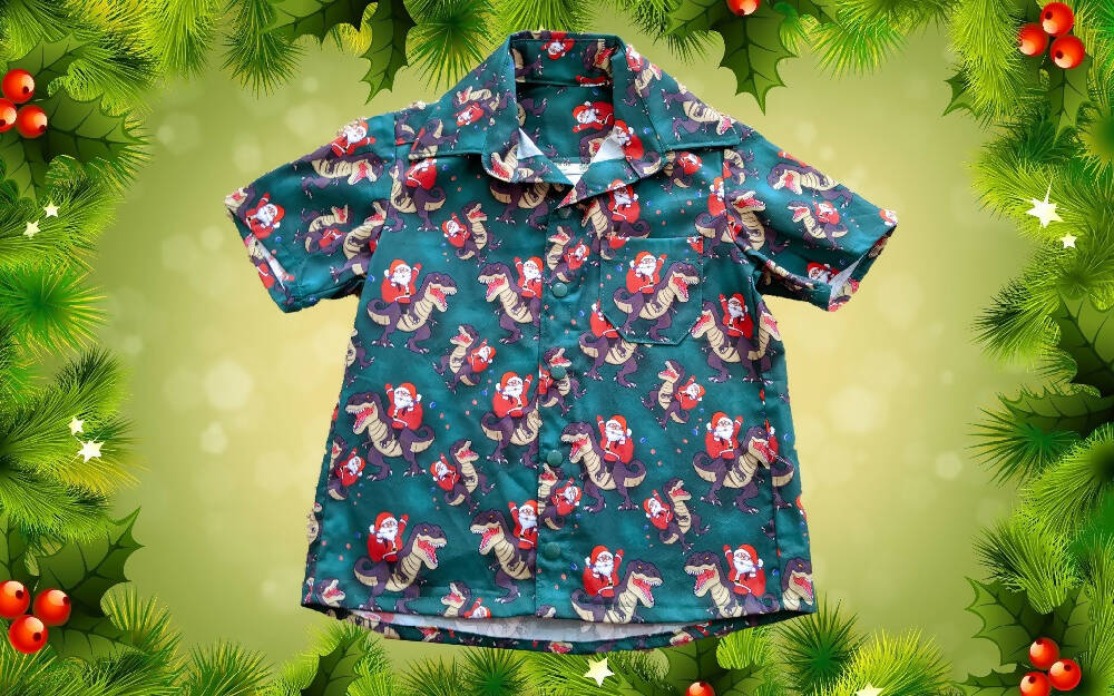 Christmas Shirt, Boys, Santa on Dinosaur