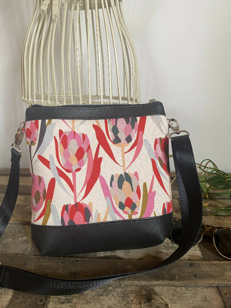 Mia Crossbody Bag - Pink Proteas/Charcoal Faux Leather