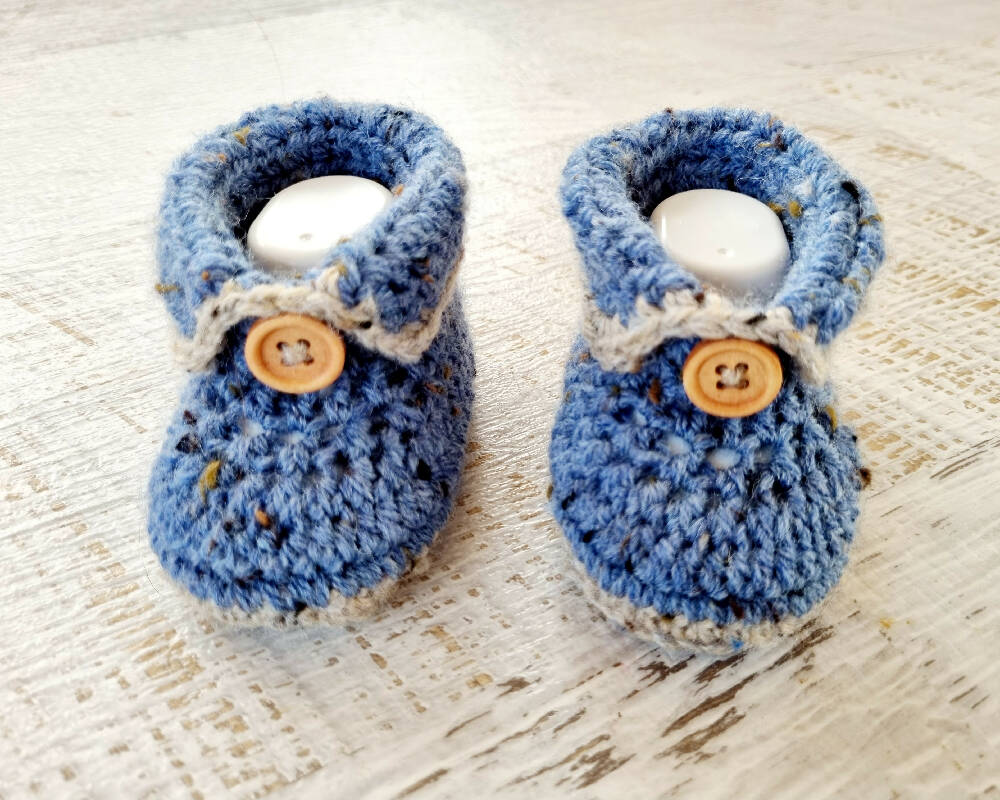 Baby Booties Blue Tweed Newborn Crochet Knit Shoes Socks