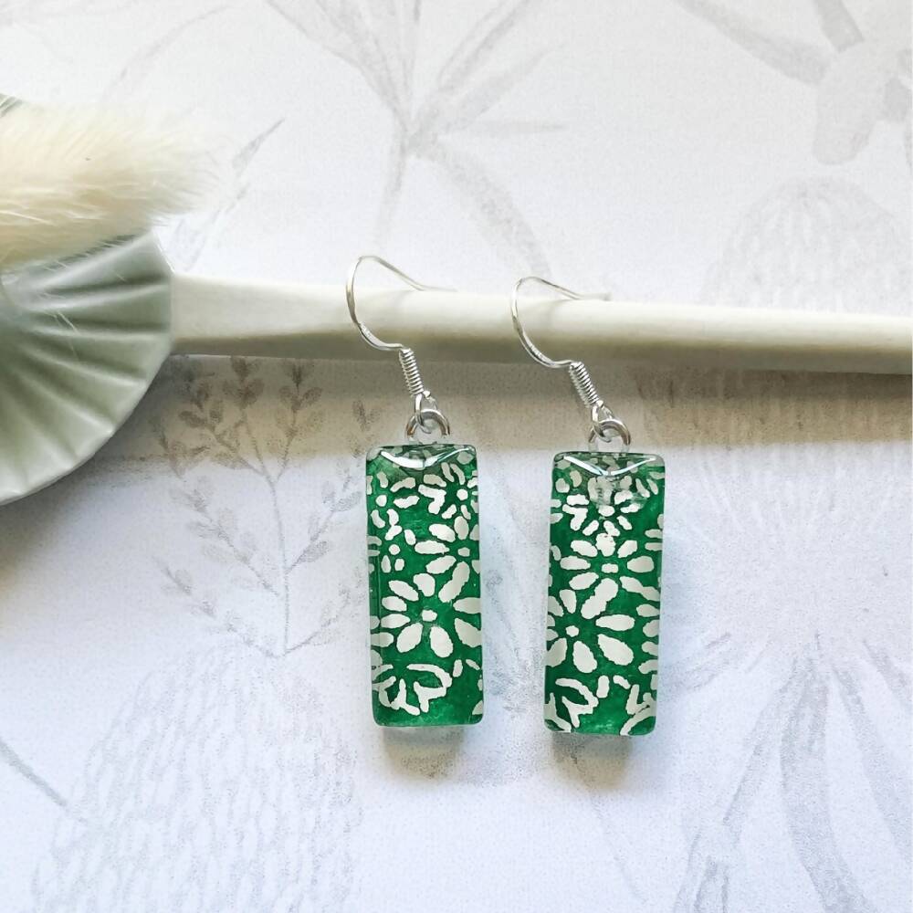 Green and White Earrings • Japanese Paper, Resin and Glass