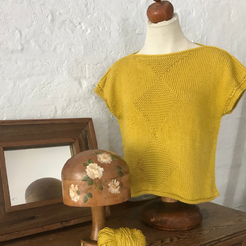 Cotton Handknit Chartreuse top. Mustard cotton knit pullover. Summer top.