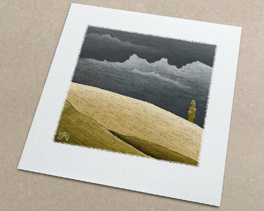 Art Print of a bold sunlit landscape with an approaching storm