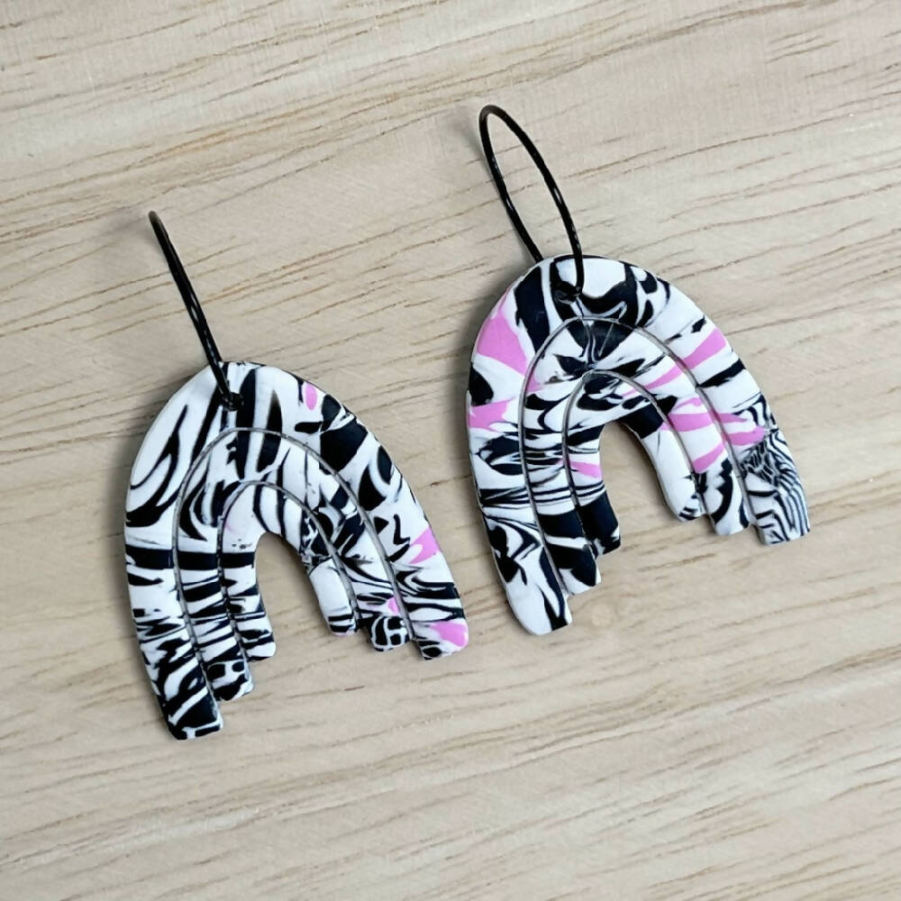 zebra-print-arch-polymer-clay-dangle-hoop-earring