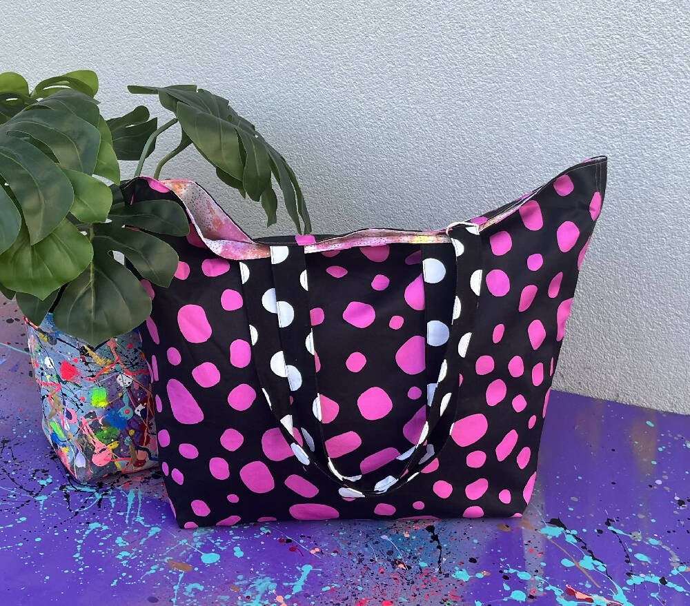 Kasey Rainbow Black and Pink Pebbles Large Tote Bag