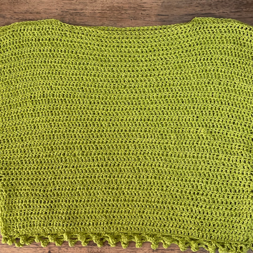 Chartreuse Lime Crochet Linen boat neck top with tassels.