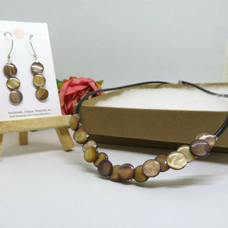 Shell Disc Wire Wrapped Necklace Earrings Set