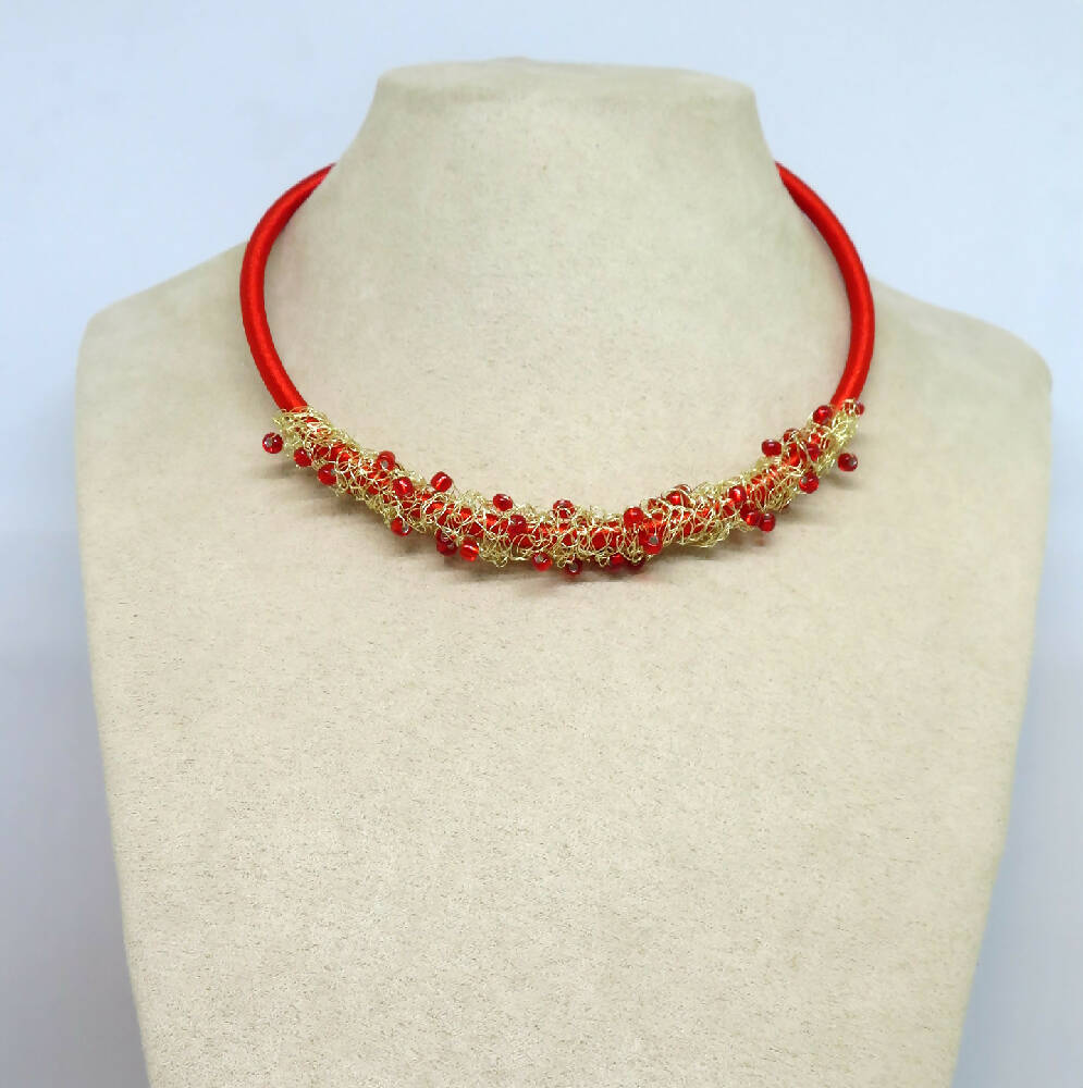 Red Crochet Wire Beaded Necklace Earrings Set