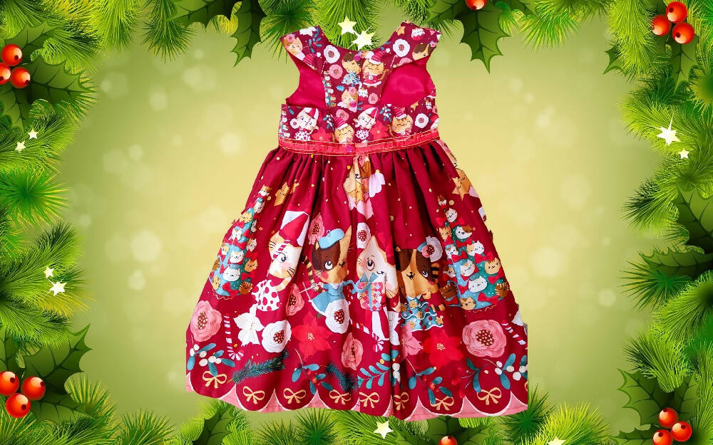 Xmas, Girls Border Dress, Cats, Size 6