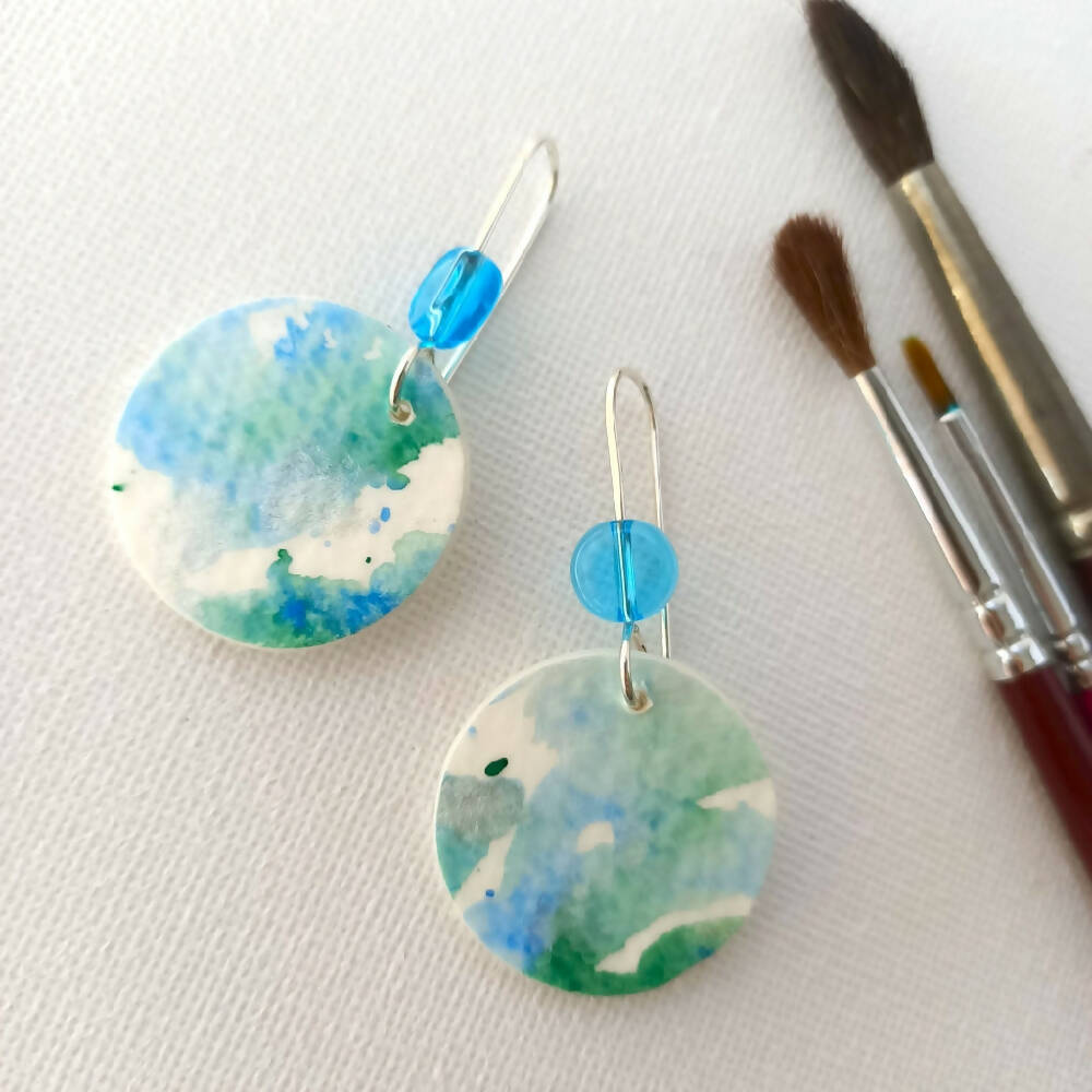 Hand Painted Watercolour Dangle Earrings - sterling silver - blue green