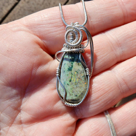 Unusual green Matrix opal pendant Sterling silver wire wrapped