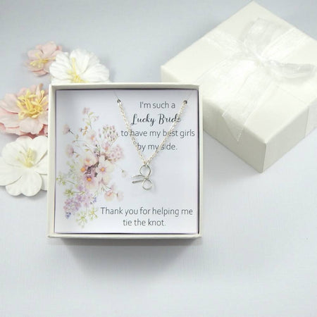 Sterling Silver Bow Necklace Bridesmaid Gift, On Gift Card