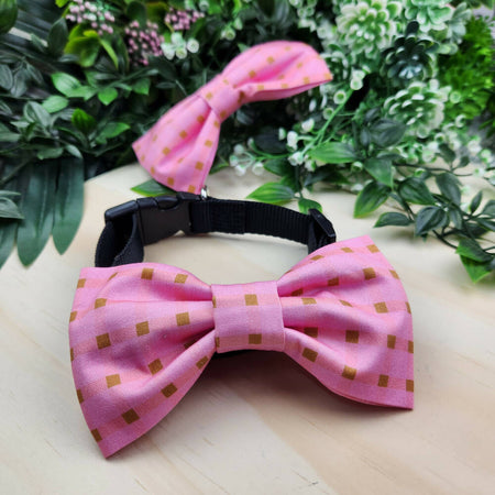 Pet Collar Bows - Pink Squares - Fabric Elastic Loops - Hair Bow