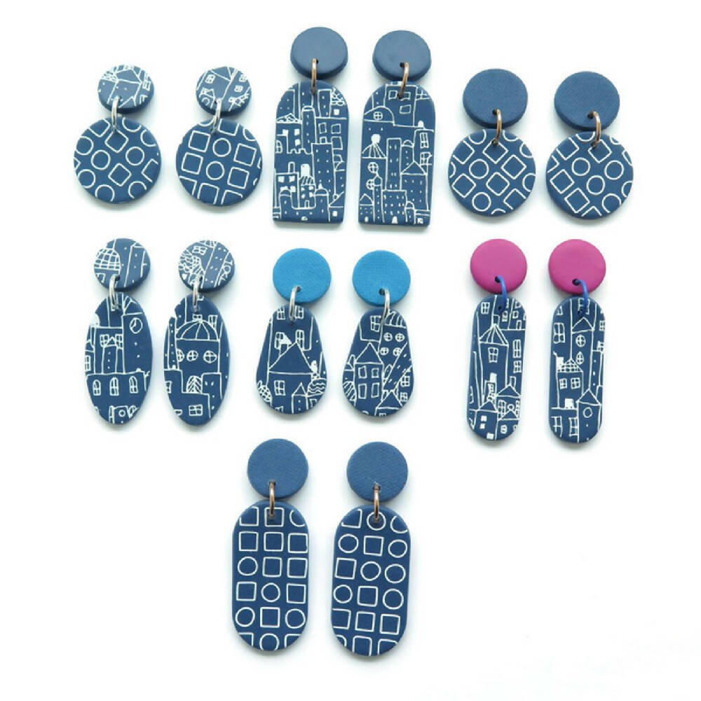 Blueprint blue and white Dot Oval Polymer Clay statement earrings
